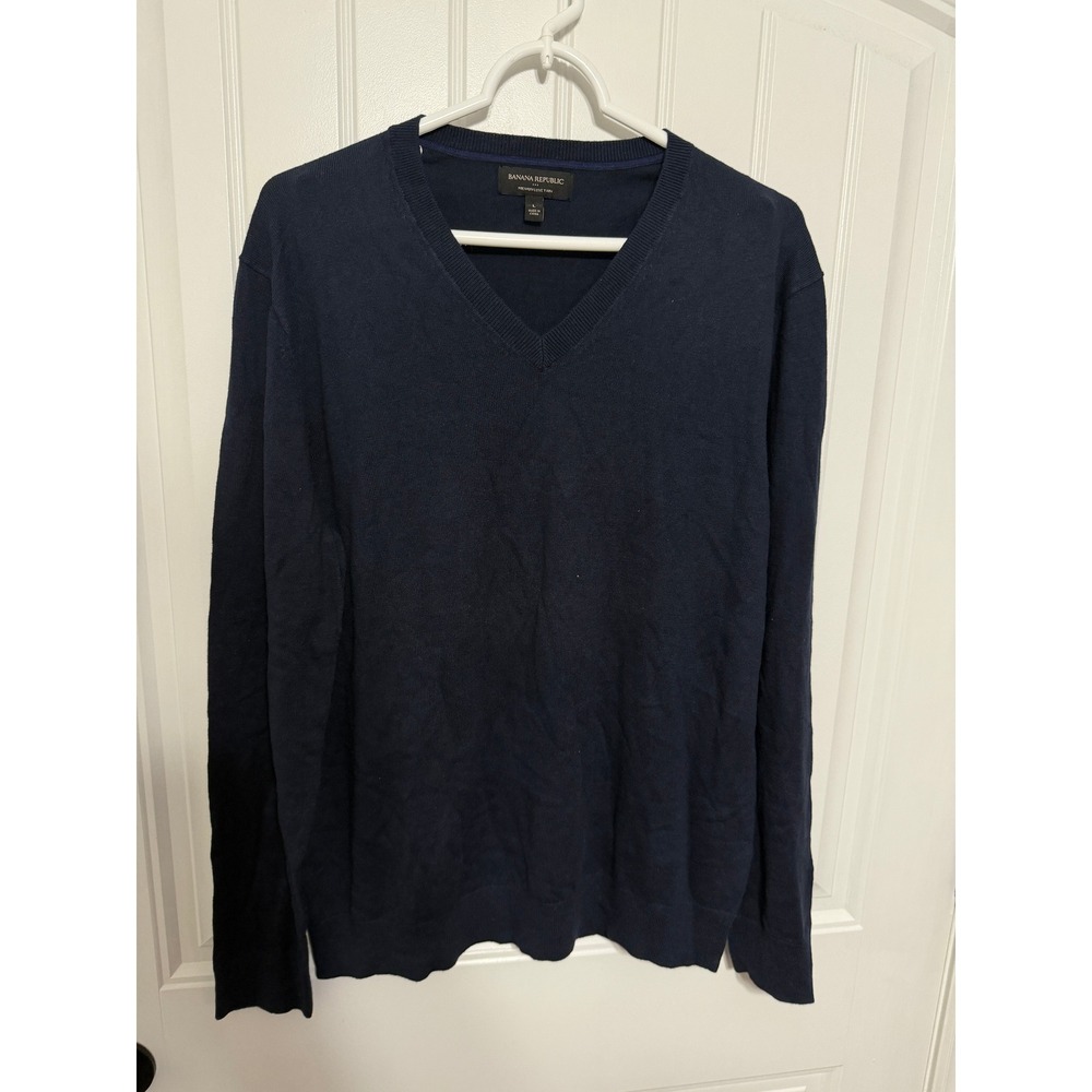 Banana Republic Cashmere Silk V-Neck Sweater Mens Large Navy Blue Luxe Yarn EUC